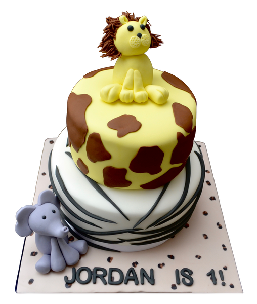 Animal print chocolate & lemon cake with an edible elephant & lion. sugar street boutique. toronto cakes. edible lion. edible elephant, giraffe animal print cake, zebra animal print cake.