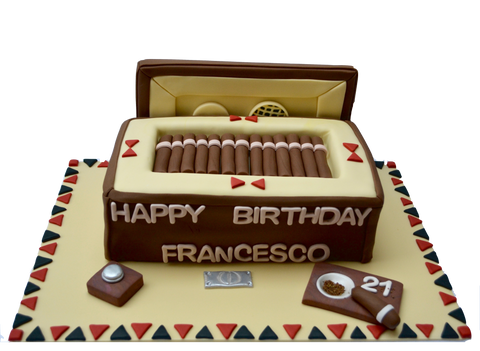 Brown cigar box cake with fondant car ashtray and fondant humidifier by sugar street boutique toronto cakes
