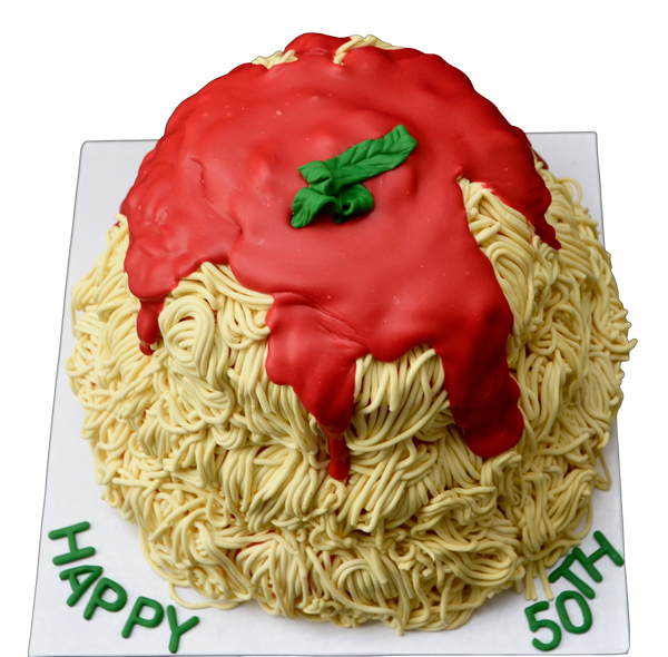 spaghetti with tomato sauce cake, chocolate cake decorated with spaghetti fondant, birthday cake by sugar street boutique toronto cakes.