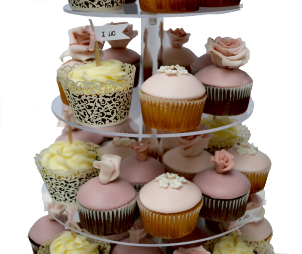 wedding cupcake tower with edible roses and pale pink, rose colours and white by sugar street boutique toronto 