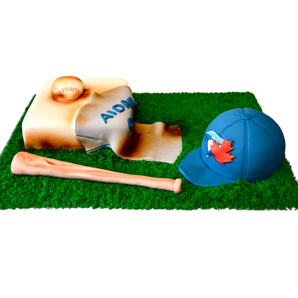 blue jays baseball chocolate cake by Sugar Street Boutique. Toronto Cakes. Baseball bat cake.blue jays hat cake. baseball cake.