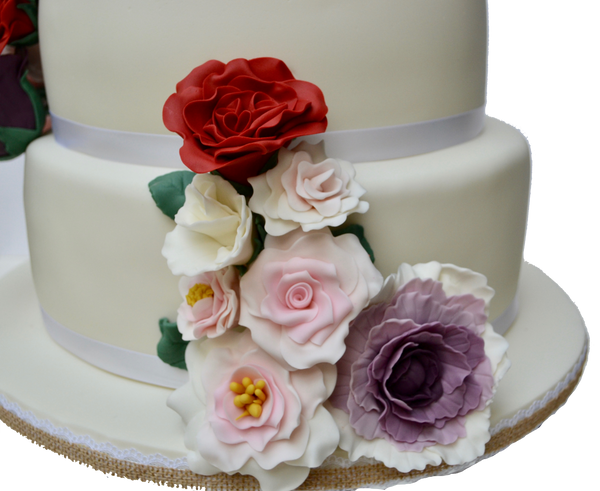 WRAPAROUND FLOWERS ON 3 TIER WEDDING CAKE. PEONIES WEDDING CAKE. ROSES CAKE. 3 TIER CAKE. TORONTO WEDDING CAKES. SUGAR STREET BOUTIQUE TORONTO. VINEYARD WEDDING CAKE. RED PINK AND PURPLE CAKE. FLOWERS CAKE. 
