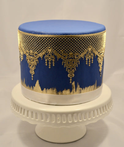 Royal blue and gold edible lace fondant cake by Sugar Street Boutique Toronto.