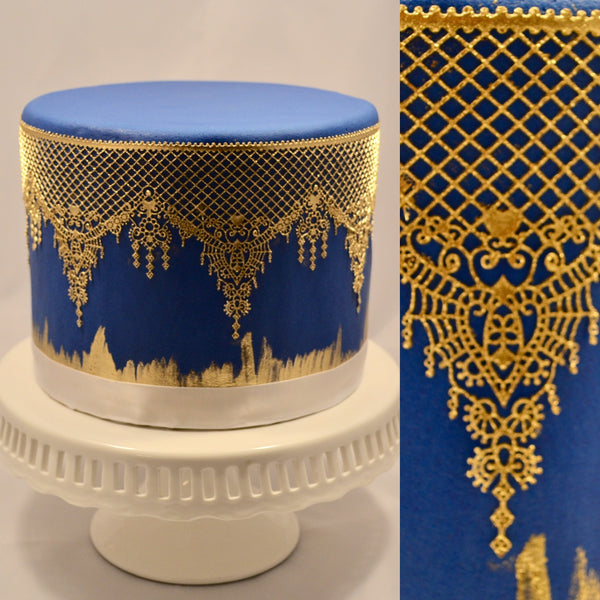 Royal blue and gold edible lace fondant cake by Sugar Street Boutique Toronto.