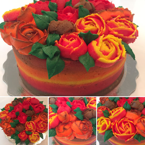 icing flower cake by sugar street boutique. sugar street boutique. icing flower cake. icing flower cake toronto. toronto cakes. lemon cake. lemon curd filling. lemon cream cheese icing. lemon flowers. cream cheese flowers. flowers cake. flowers cake toronto. designer cake. purple flowers cake. orange flowers cake. red flowers cake. colourful flower cake. fall colours cake. fall colors cake. fall cake. fall icing roses. thanksgiving cake. multicoloured icing roses. piped roses.