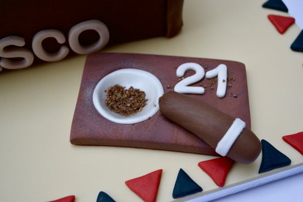 Brown cigar box cake with fondant car ashtray and fondant humidifier by sugar street boutique toronto cakes