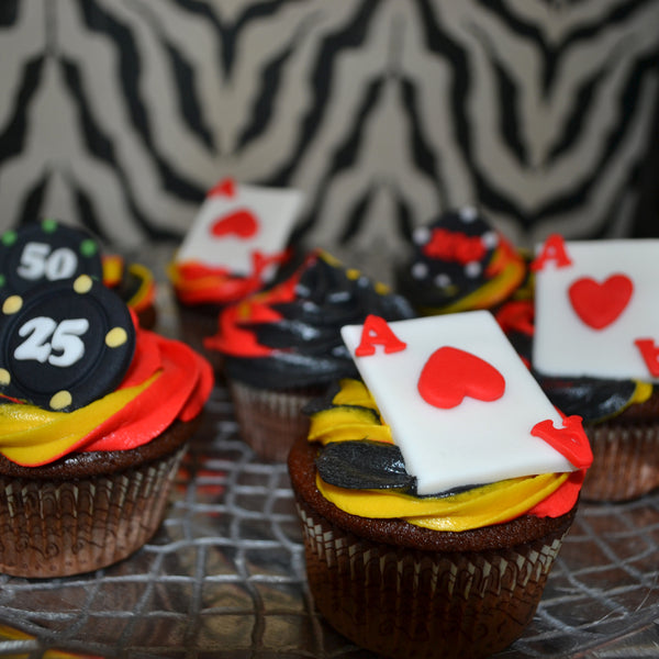 Fraternity Cupcakes by Sugar Street Boutique TriColour Swirl Cupcakes Chocolate Poker Cupcakes Toronto Ontario Canada Red Gold and black cupcakes Frosting