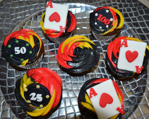 Fraternity Cupcakes by Sugar Street Boutique TriColour Swirl Cupcakes Chocolate Poker Cupcakes Toronto Ontario Canada Red Gold and black cupcakes Frosting