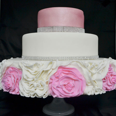 wedding rose cake by sugar street boutique. sugar street boutique toronto. wedding cake. wedding cake toronto. pink and white wedding cake. pink roses wedding cake. pink roses fondant. pink and white wedding 3 tier cake. three tier wedding cake toronto. ruffle rose cake. ruffle rose cake toronto. bling wedding cake. bling rose cake. wedding fondant cake.