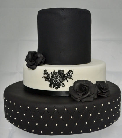 Black & White 3 Tier Wedding Cake by Sugar Street Boutique Toronto. Black roses wedding cake.