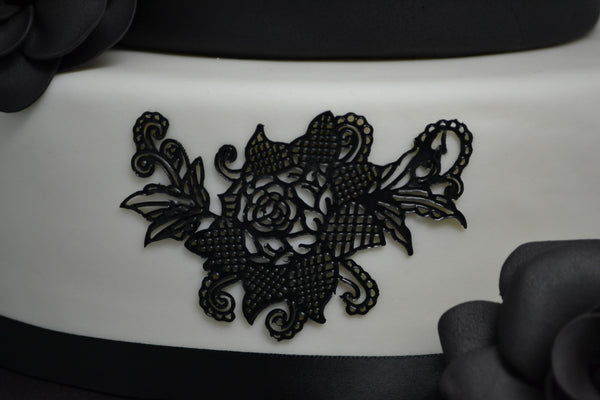 Black & White 3 Tier Wedding Cake by Sugar Street Boutique Toronto. Black roses wedding cake.