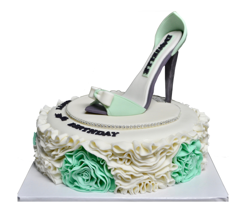 Fabulous 30th Birthday Cake decorated with fondant ruffles and handmade edible shoe on top, mint coloured flower ruffles by Sugar Street Boutique Toronto