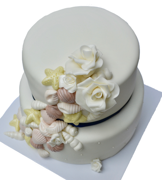 Seashell and white roses cake for a wedding, engagement or shower. Seashell fondant by Sugar Street Boutique Toronto