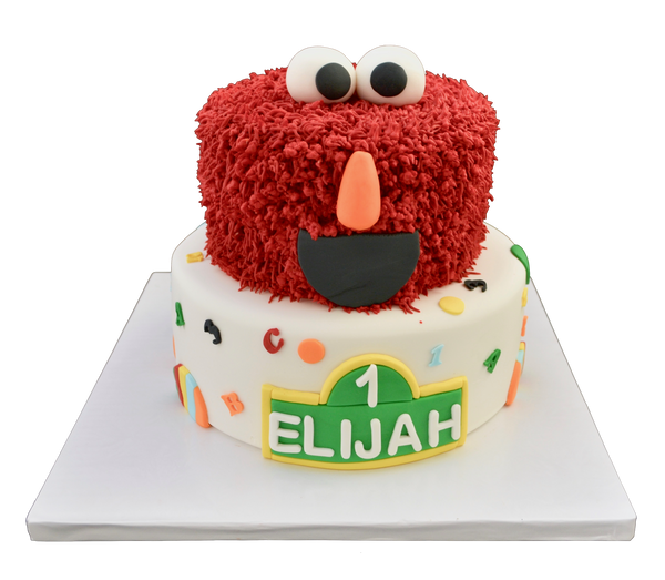 Elmo Sesame Street Chocolate cake with dulce de leche in between layers. Sesame Street cake. Sugar Street Boutique Toronto cakes.