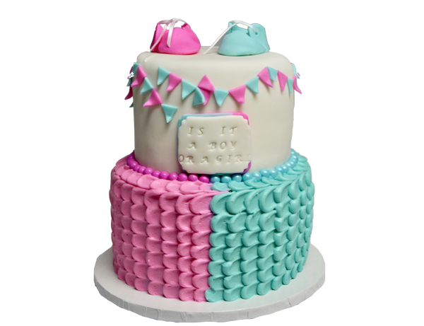 2 tier gender reveal cake with baby booties. is it a boy or a girl cake? Sugar Street Boutique, Toronto