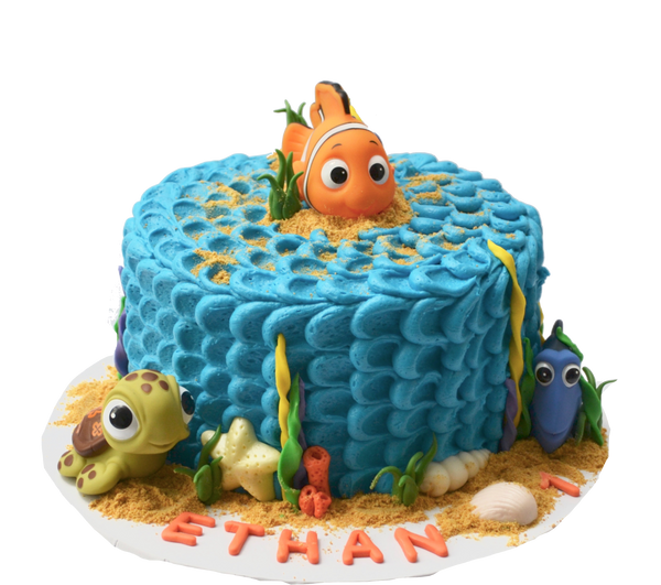 Finding Nemo Chocolate Cake with blue icing, orange demo for a 1 year old finding memo birthday party by Sugar Street Boutique Cakes Toronto