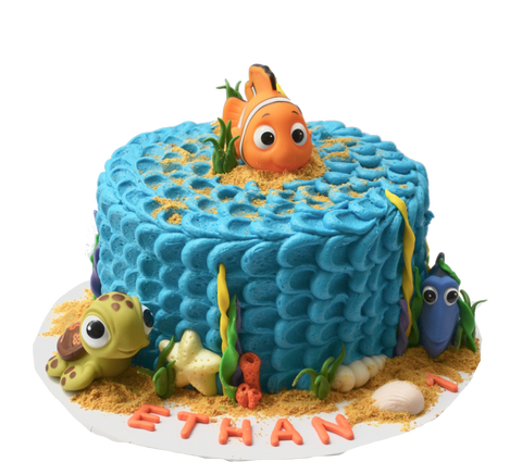 Finding Nemo Chocolate Cake with blue icing, orange demo for a 1 year old finding memo birthday party by Sugar Street Boutique Cakes Toronto