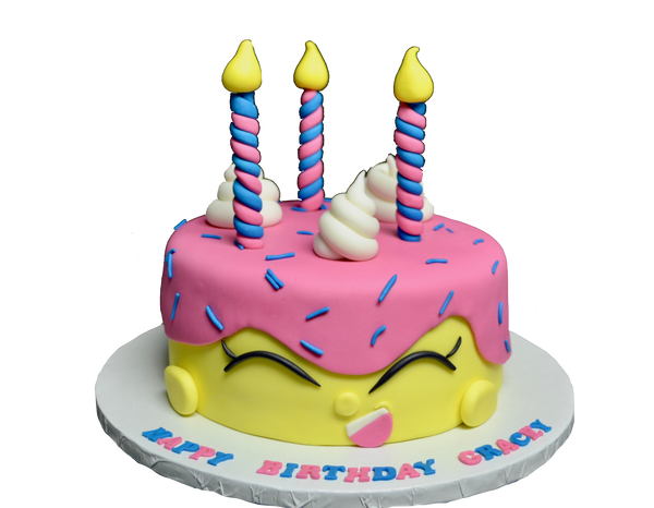 Shopkins themed birthday cake, made of chocolate and fondant candles by Sugar Street Boutique Toronto