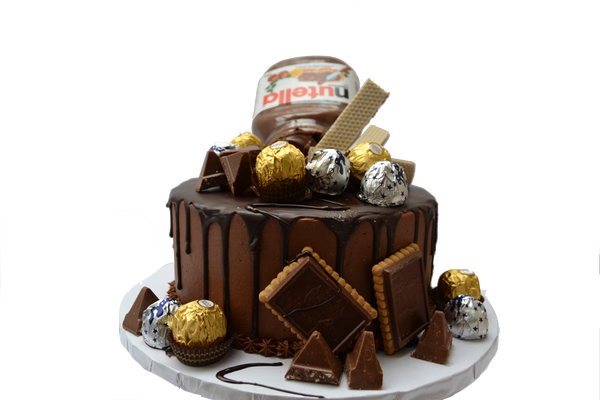 loaded nutella drip cake with toblerone, cookies, ferrero rocher, bacci, triple layer chocolate nutella cake by sugar street boutique toronto cakes.