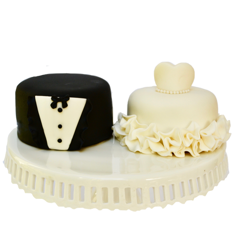 Bride & groom mini cakes perfect for a wedding, bridal shower or  engagement party featuring a wedding dress and a tux made from fondant by Sugar Street Boutique Toronto