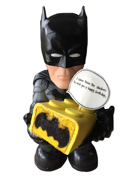 Lego cake with batman shape on the inside cake made of chocolate and vanilla and covered in fondant by Sugar Street Boutique