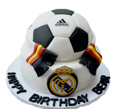 real madrid fc soccer red velvet cake with an adidas soccer ball cake and the real madrid soccer scarf made of fondant by sugar street boutique toronto cakes