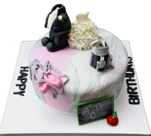 5 birthdays 1 chocolate cake. everyones birthday cake. edible ballerina slippers, edible chalk board. school cake, edible bride and groom. bride and groom cake. golf clubs cake. edible gold clubs. Sugar street boutique. toronto cakes.