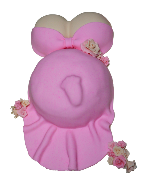 pregnant belly cake with baby's foot showing and a pink dress in a body shape of a pregnant person by sugar street boutique  toronto