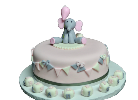 Carrot Baby shower cake, It's a girl, with grey and pink elephant and baby cubes and flags covered in fondant by Sugar Street Boutique