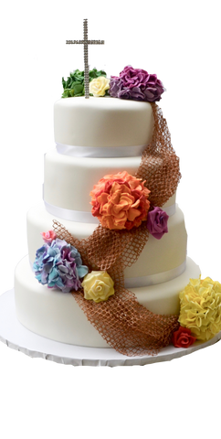 4 tier chocolate cake with Edible fishing net with edible colourful orange, yellow, purple, blue and green hydrangeas and roses chocolate cake by Sugar Street Boutique, Cakes Toronto.