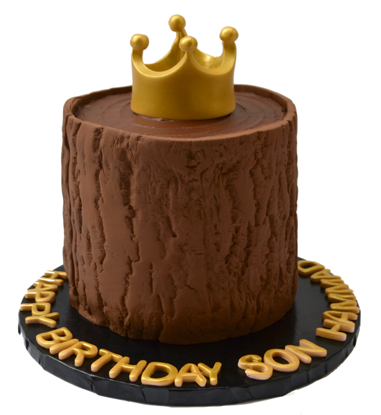 tree trunk cake with a gold edible crown on top, chocolate cake for a birthday by sugar street boutique toronto cakes