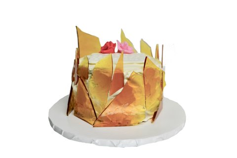 creme brûlée cake with sugar shards and edible pink and red roses with personalized note for valentines day by sugar street boutique, toronto.