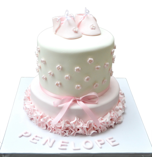 baptism/christnening cake. baby shower cake. 2 tier cake. blush baby girl cake. pink baby booties cakes. sugar street boutique toronto cakes.