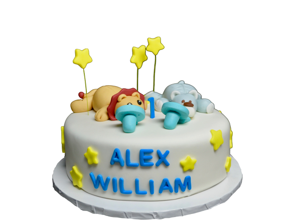 wubbanub pacifiers cake with yellow stars for twin boys first birthday party by Sugar Street Boutique Toronto