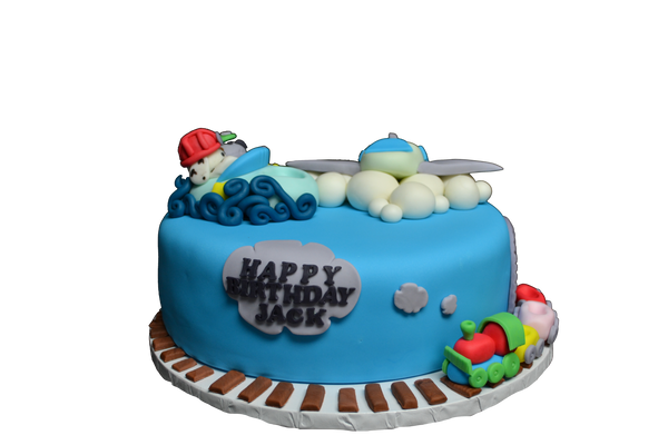 A fully loaded cake with a plane, boat and a train with Marshall & Rocky from Paw Patrol by sugar street boutique