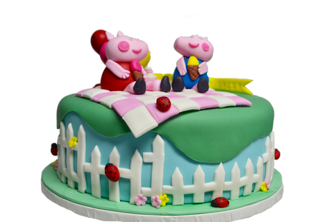 Peppa Pig birthday cake, chocolate on chocolate and fondant covered with edible peppa pig decorations with balloons, cake, fence, lady bugs & edible blanket by Sugar Street Boutique 