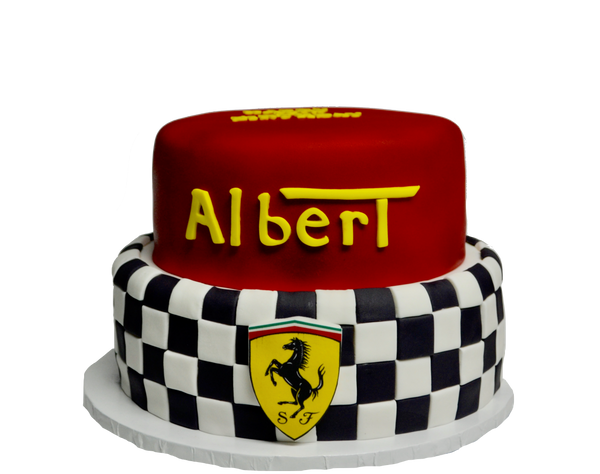 2 Tier ferrari cake with checkered pattern and ferrari logo with ferrari letters and red cake by sugar street boutique