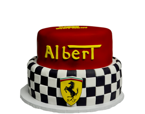 2 Tier ferrari cake with checkered pattern and ferrari logo with ferrari letters and red cake by sugar street boutique