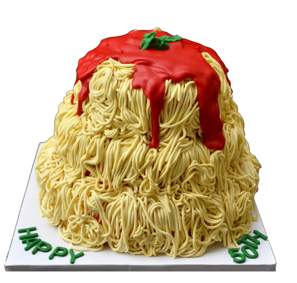 spaghetti with tomato sauce cake, chocolate cake decorated with spaghetti fondant, birthday cake by sugar street boutique toronto cakes.