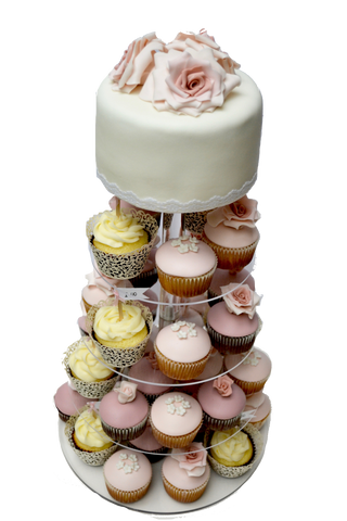 wedding cupcake tower with edible roses and pale pink, rose colours and white by sugar street boutique toronto 