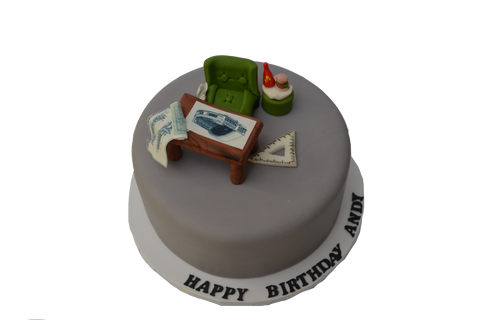 Arquitect cake featuring the Toronto Skydome/Rogers centre, an edible wooden table, edible blue prints, burger, hot sauce and an architects scale by Sugar Street Boutique Toronto