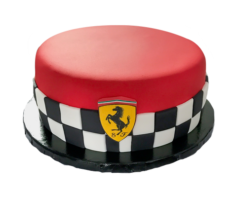 Ferrari single tier cake covered in red fondant and black and white checkered pattern by Sugar Street Boutique Toronto
