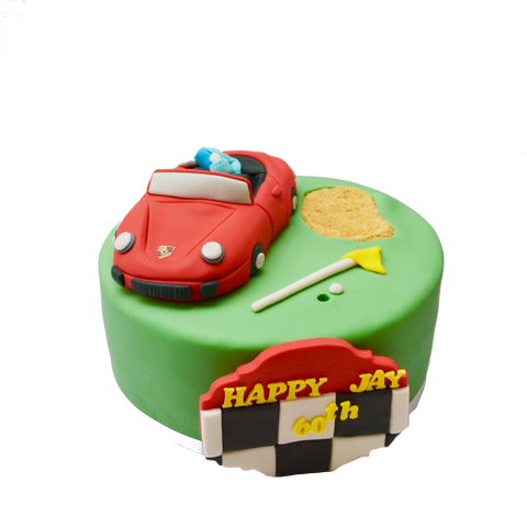 golf cake with a fondant red porsche and an edible golf sand trap by sugar street boutique toronto cakes
