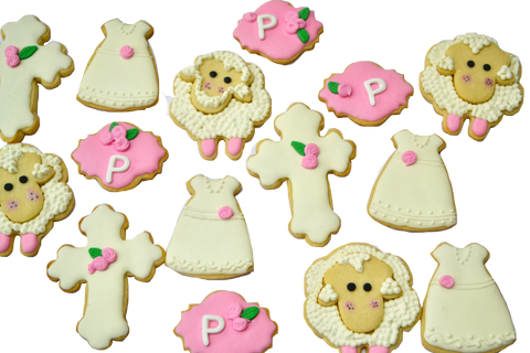 sugar cookies, baptism or christening cookies decorated as sheep cookies, dress cookies, cross cookies by sugar street boutique toronto