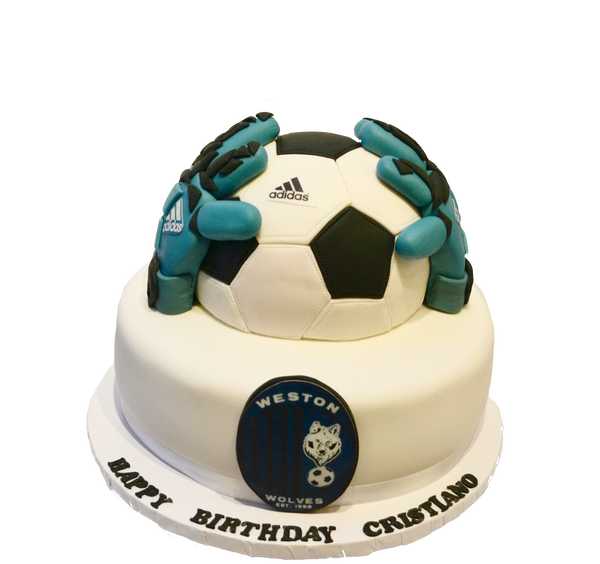 Soccer Keeper Chocolate cake by sugar street boutique Toronto cakes. Soccer ball cake with keeper gloves.