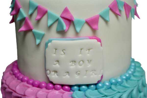 2 tier gender reveal cake with baby booties. is it a boy or a girl cake? Sugar Street Boutique, Toronto