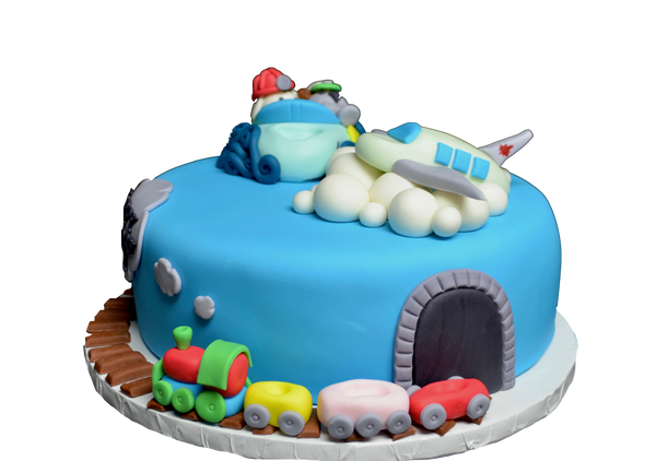 A fully loaded cake with a plane, boat and a train with Marshall & Rocky from Paw Patrol by sugar street boutique