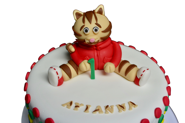 Daniel the tiger cake for a 1st birthday party, vanilla flavoured and fondant covered with edible daniel the tiger by Sugar Street Boutique 