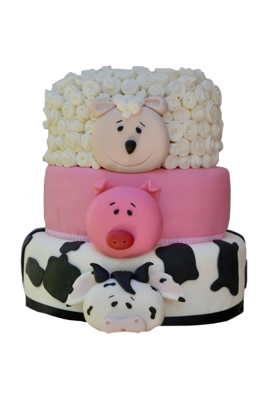 farm animals 3 tier cake with a sheep tier, cow tier and a pig tier, kids birthday cake by sugar street boutique toronto