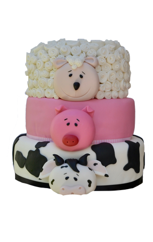 farm animals 3 tier cake with a sheep tier, cow tier and a pig tier, kids birthday cake by sugar street boutique toronto